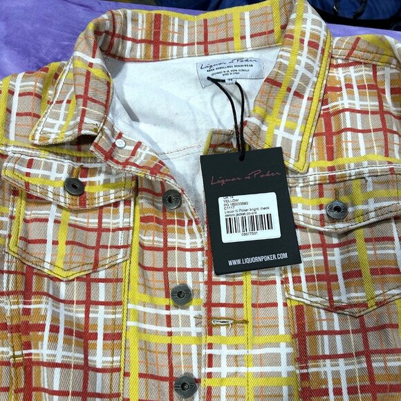 Liquor N Poker Womens Denim Jacket NWT New Rare Yellow Plaid Rock Punk UK14/US10 - Picture 2 of 5